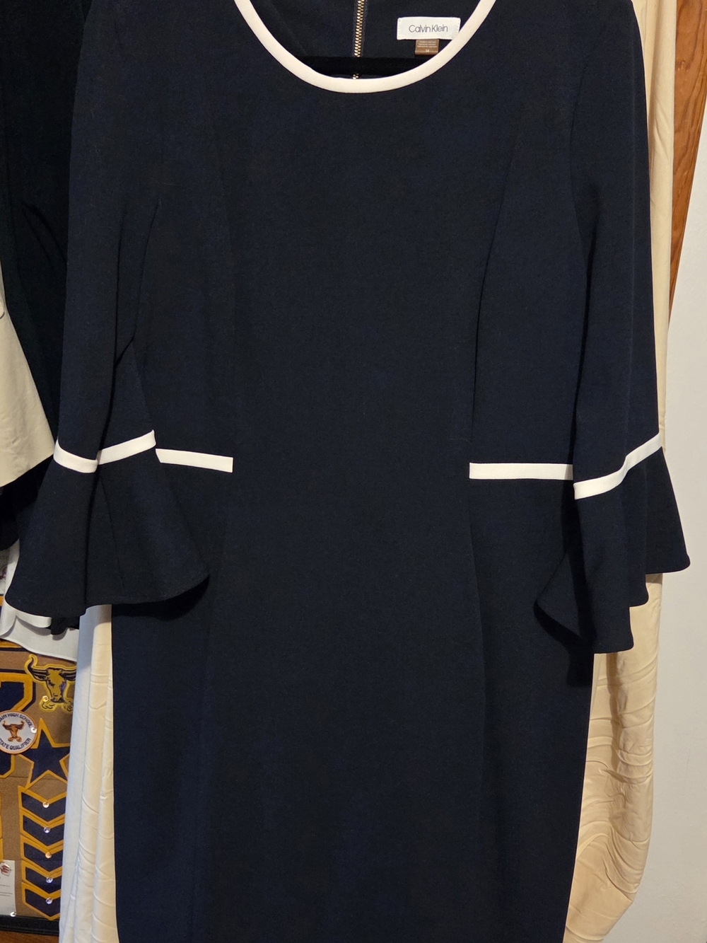 Calvin Klein Navy Dress with White Contrast Trim and Flared Sleeves